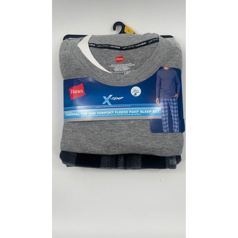 Hanes Mens X-Temp Thermal Top and Comfort Fleece Pant Sleep Set Gray Plaid L